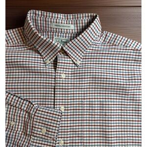 LL Bean Mens XL 17 1/2 X 33 Red white blue Plaid Long Sleeve Button Down Shirt